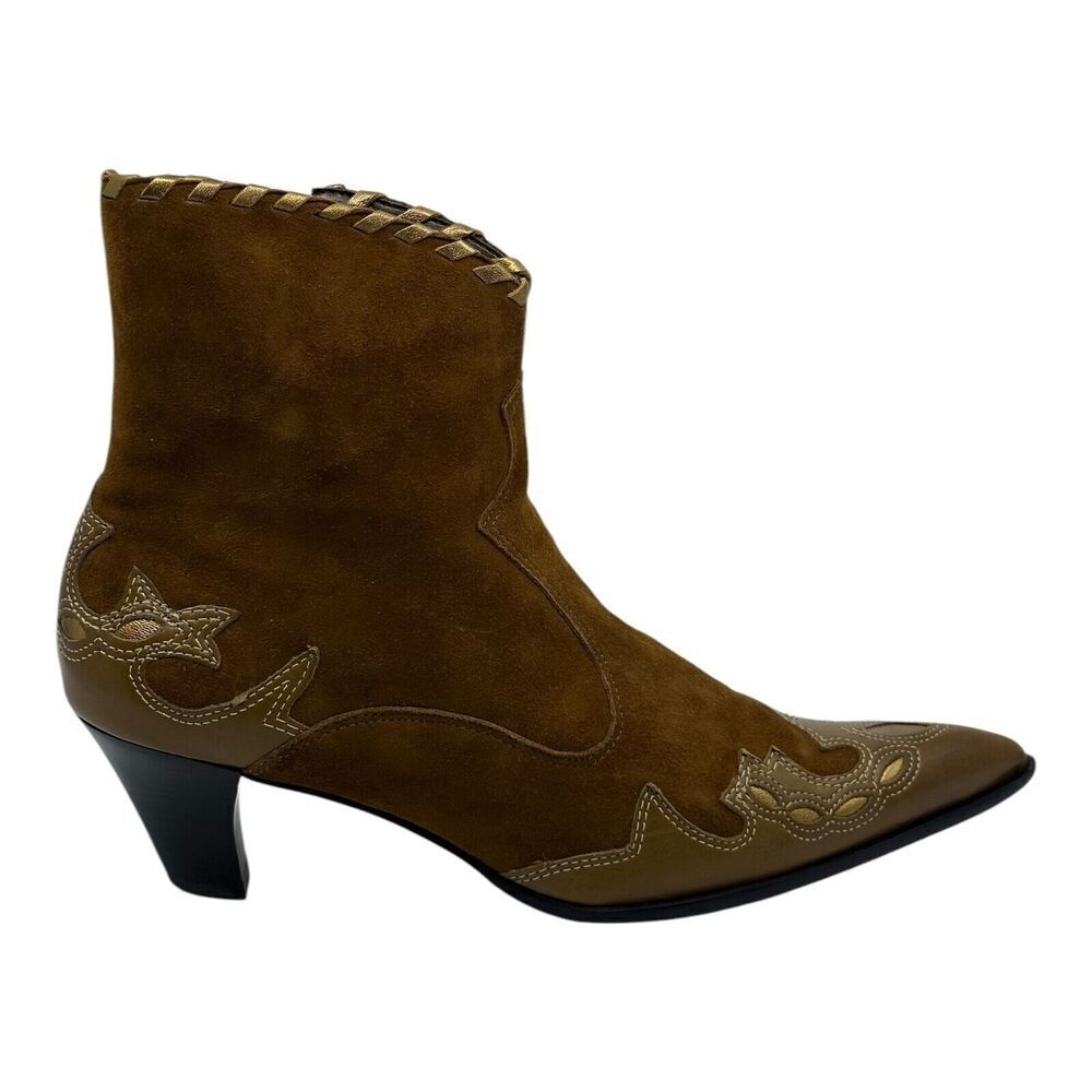 Antonio Melani Western Boots Women 7.5M Brown Suede Gold Pointed Kitten Heel - Picture 7 of 15